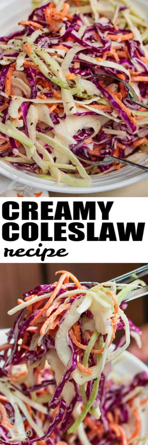 creamy coleslaw in a white serving bowl and silver tongs, and creamy coleslaw being lifted from a bowl with tongs under the title