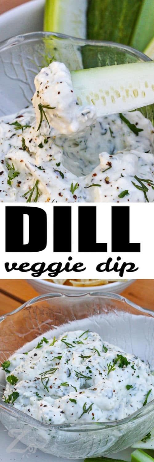 Dillionaire Veggie Dip in the bowl and on a cucumber piece with a title