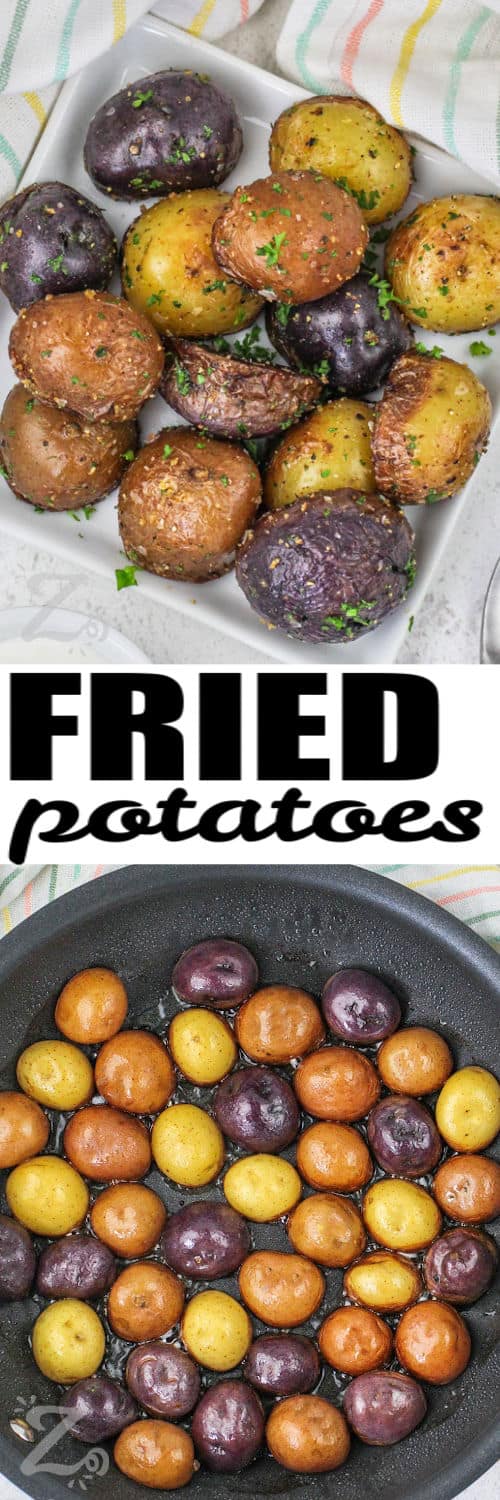 Fried Potatoes in the pan and plated with a title