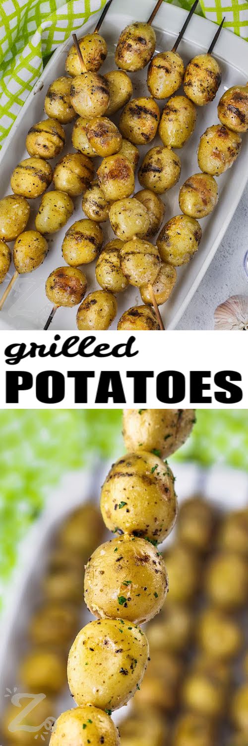 Grilled Potatoes on a plate and close up with a title