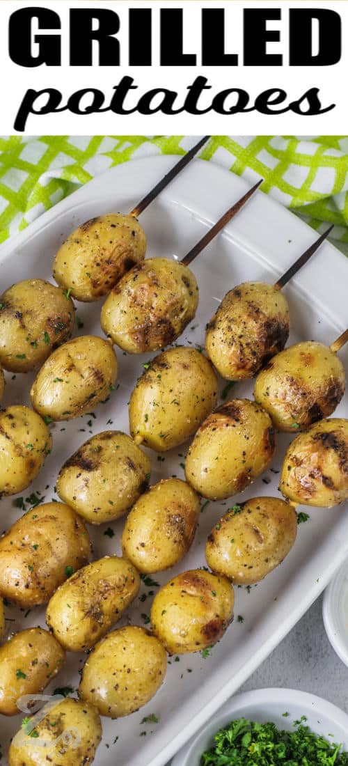 easy Grilled Potatoes on a plate and close up with a title with a title