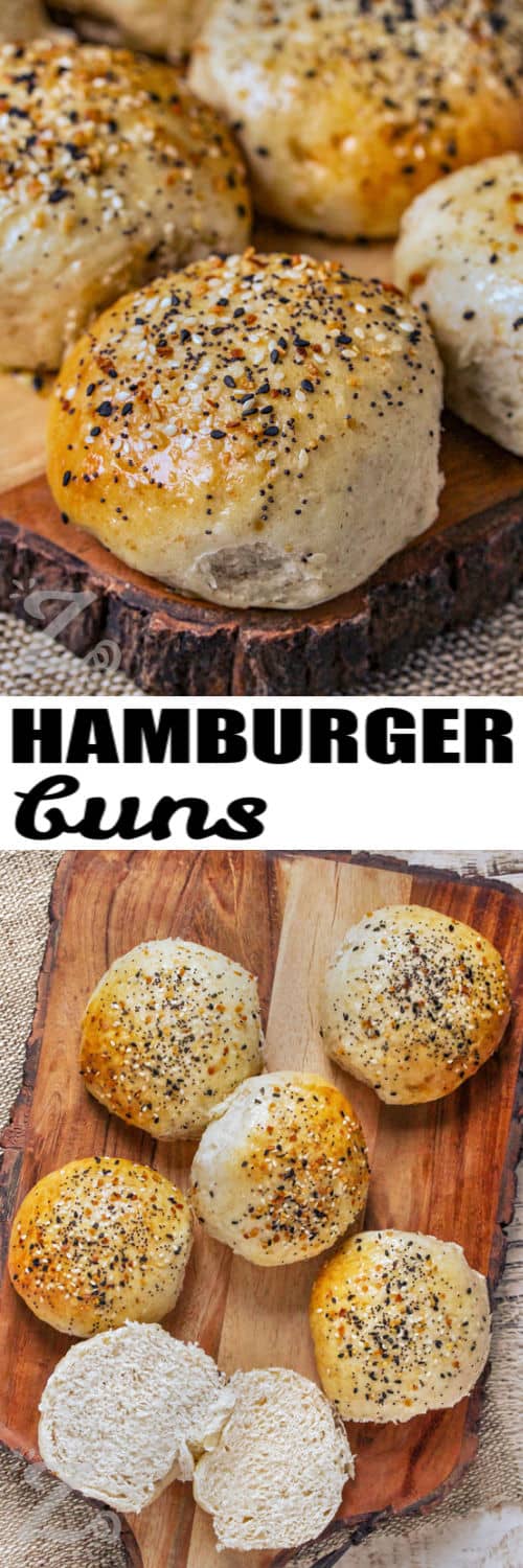 Homemade Hamburger Buns on a wooden board and top view with one cut in half and a title
