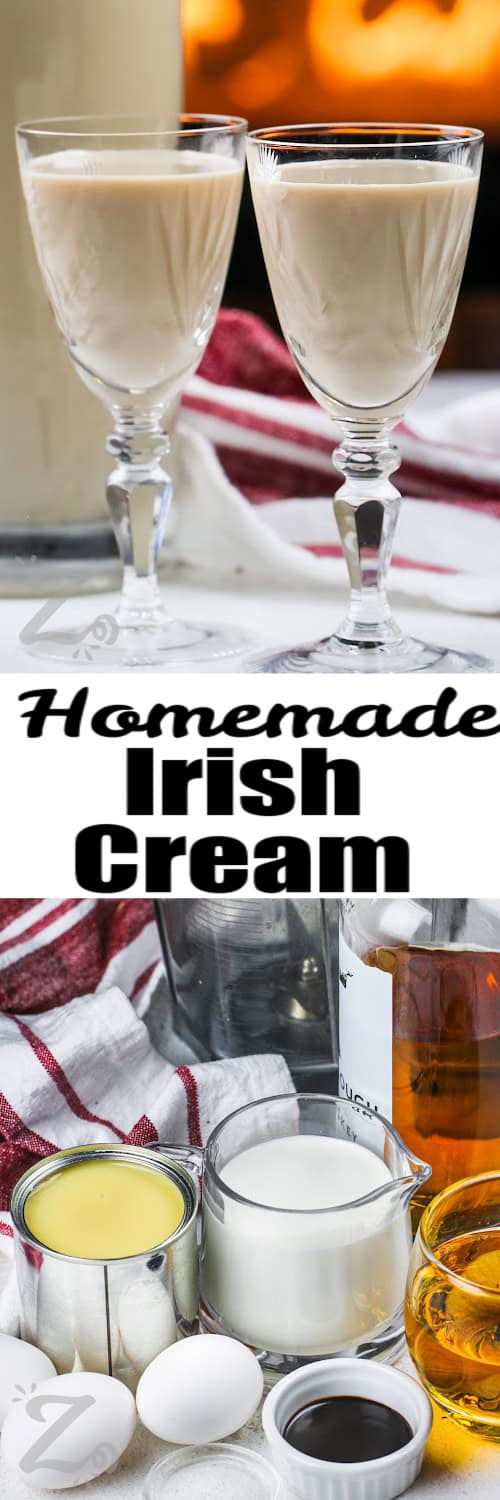 Top image - two glasses of homemade Irish cream. Bottom image - homemade Irish cream ingredients with a title
