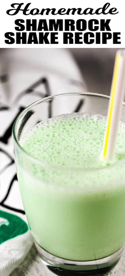 A glass of homemade shamrock shake with a title