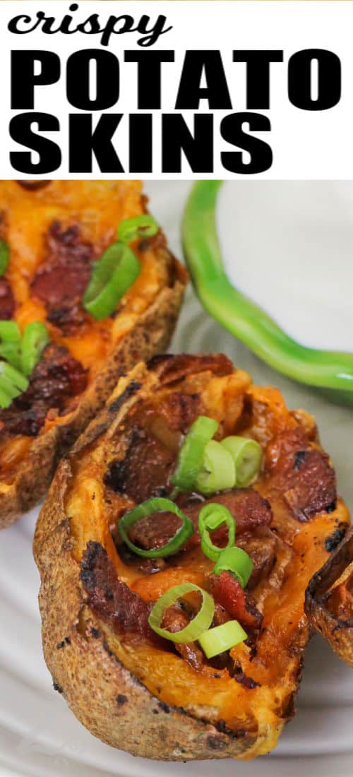 Potato Skins with green onions and bacon with a title