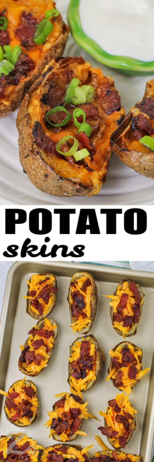 Potato Skins on a sheet pan and plated with a title