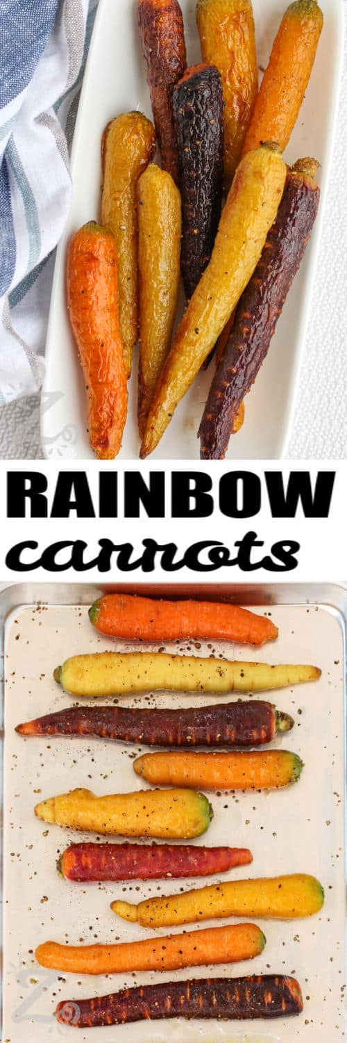 cooked Roasted Rainbow Carrots on a sheet pan and plated with a title