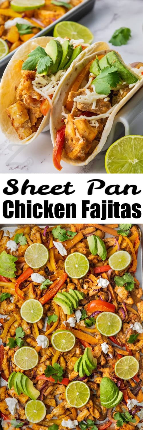 top image - chicken fajitas. Bottom image - chicken fajita filling on a sheet pan topped with cilantro and avocados with a title
