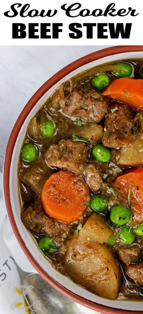 A bowl of slow cooker beef stew with a title