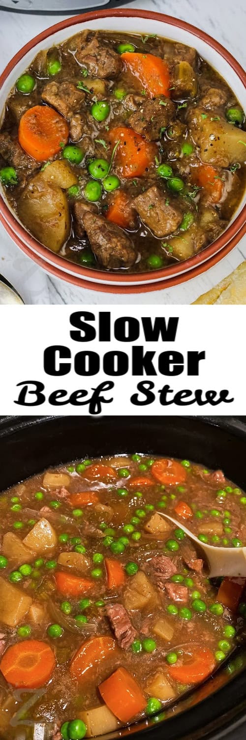 Top image - a bowl of slow cooker beef stew. Bottom image - a slow cooker of beef stew with an title