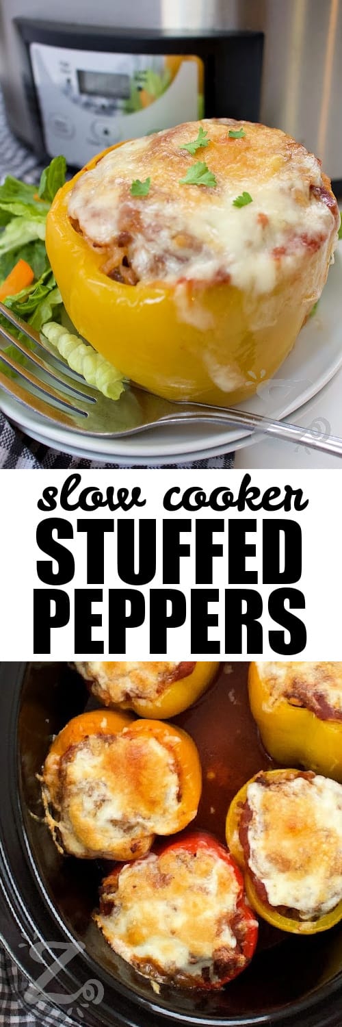 a slow cooker stuffed pepper on a white plate, and stuffed peppers in a Crock pot under the title