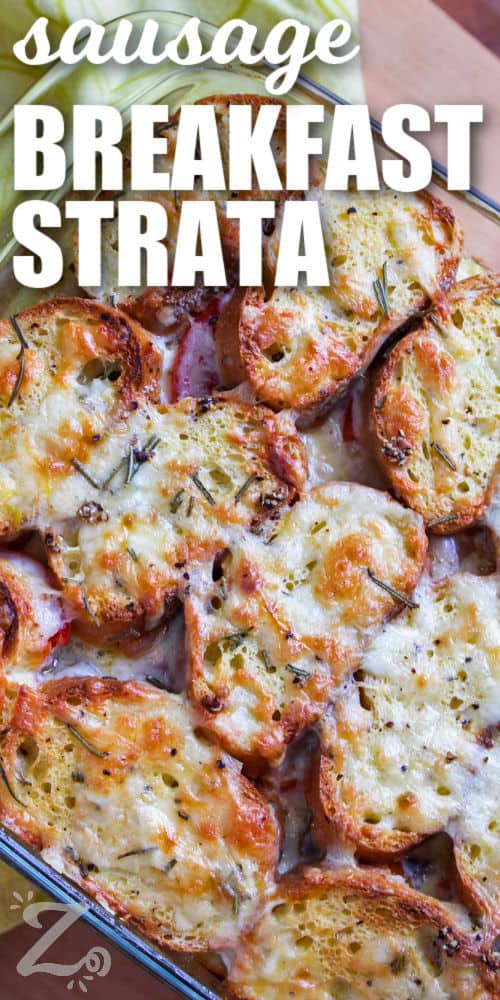 Breakfast strata baked in a glass casserole dish with a title