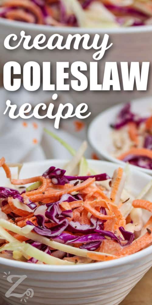 a serving of creamy coleslaw in a small bowl, with a large bowl of coleslaw in the background, with a title
