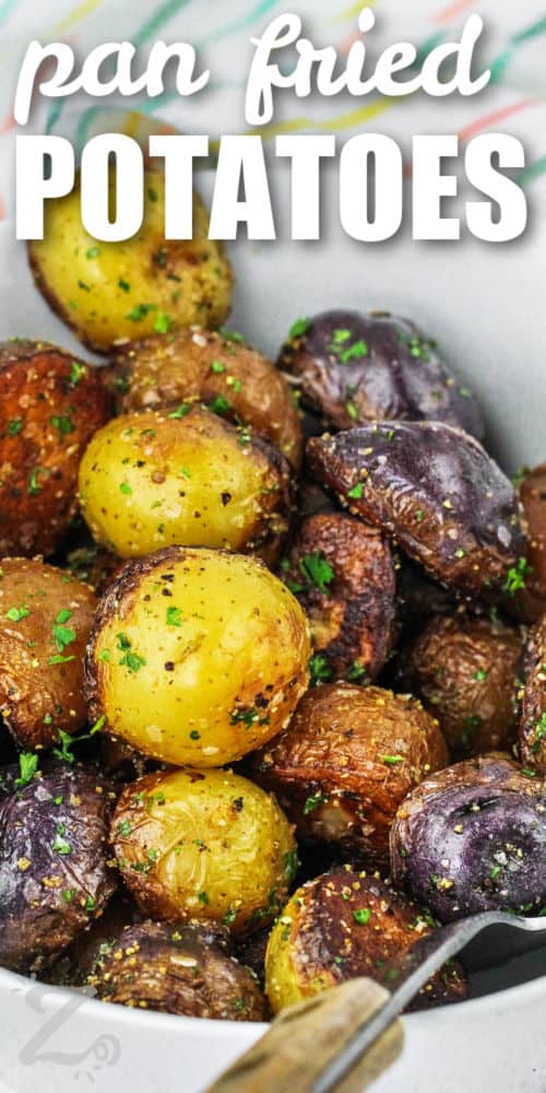 close up of bowl of Fried Potatoes and writing