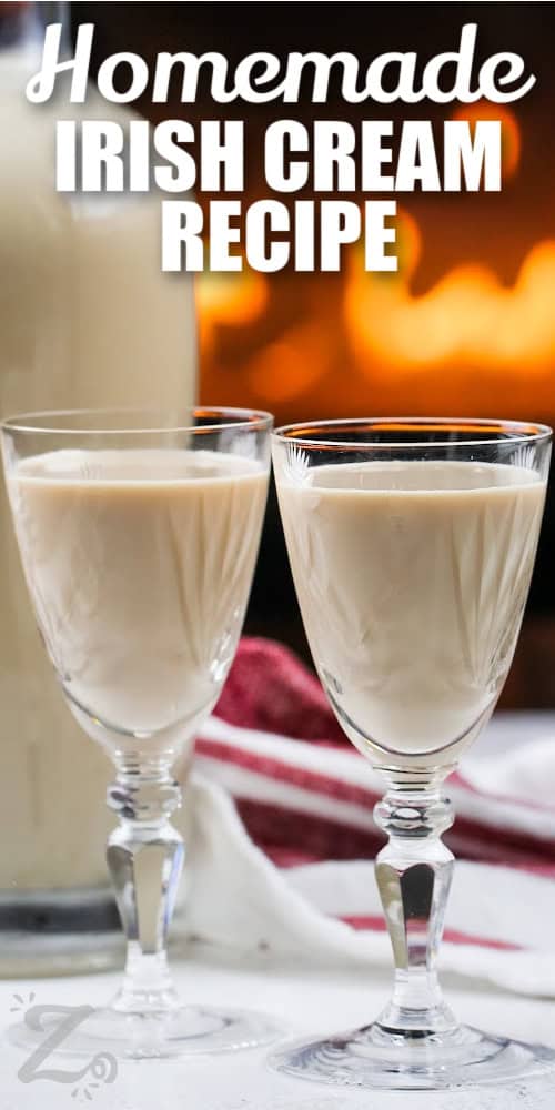 Two glasses of homemade Irish cream with a title