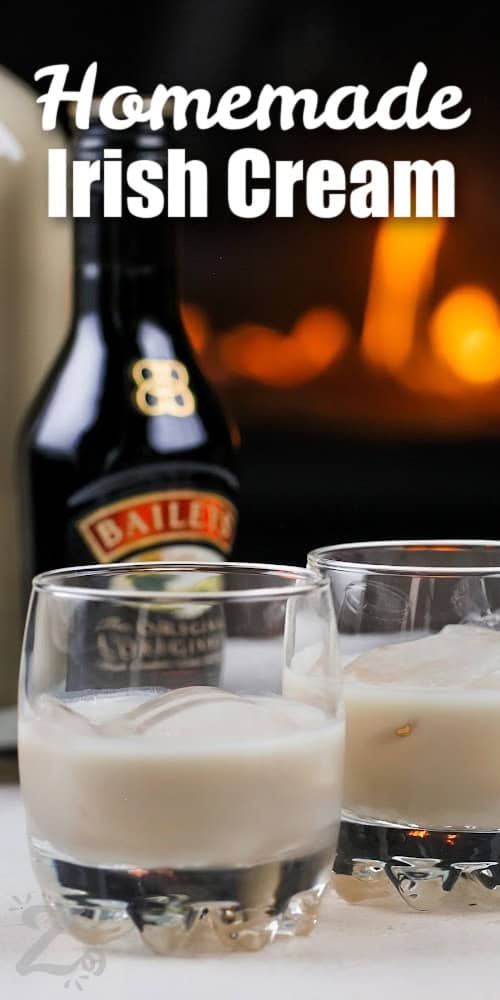 homemade Irish cream in glasses with ice with text