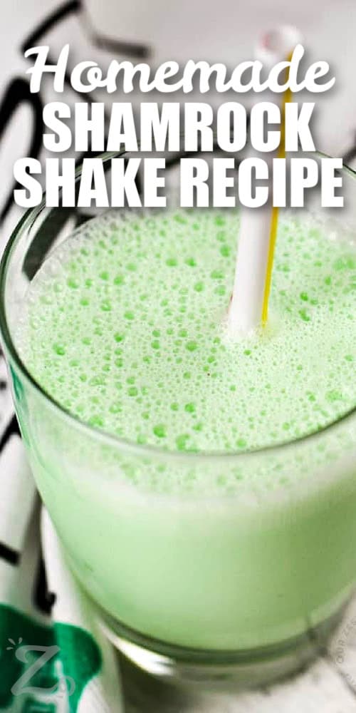 homemade shamrock shake in a glass with a title