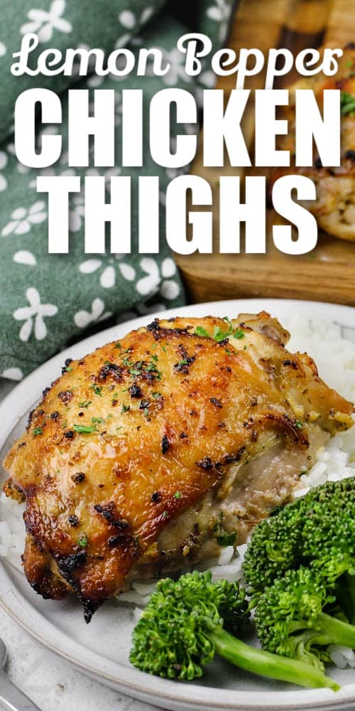 Lemon Pepper Chicken Thighs on a plate with a title
