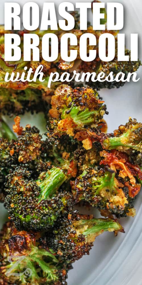 plated Parmesan Roasted Broccoli with a title
