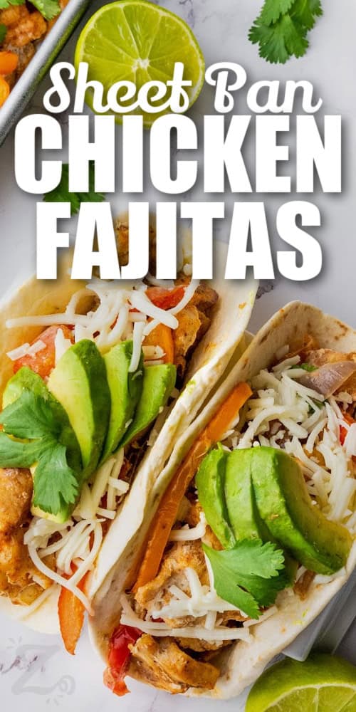 Chicken fajitas prepped with avocados and cilantro with a title