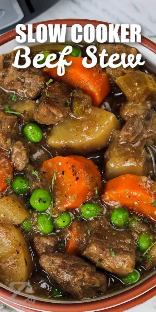 a bowl of slow cooker beef stew with a text