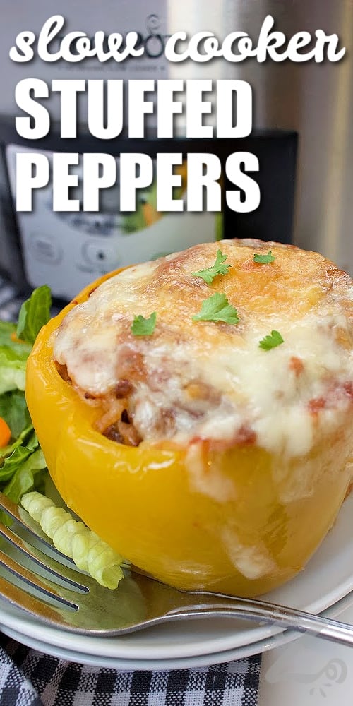 a slow cooker stuffed pepper on a white plate with a garden salad on the side, with a title