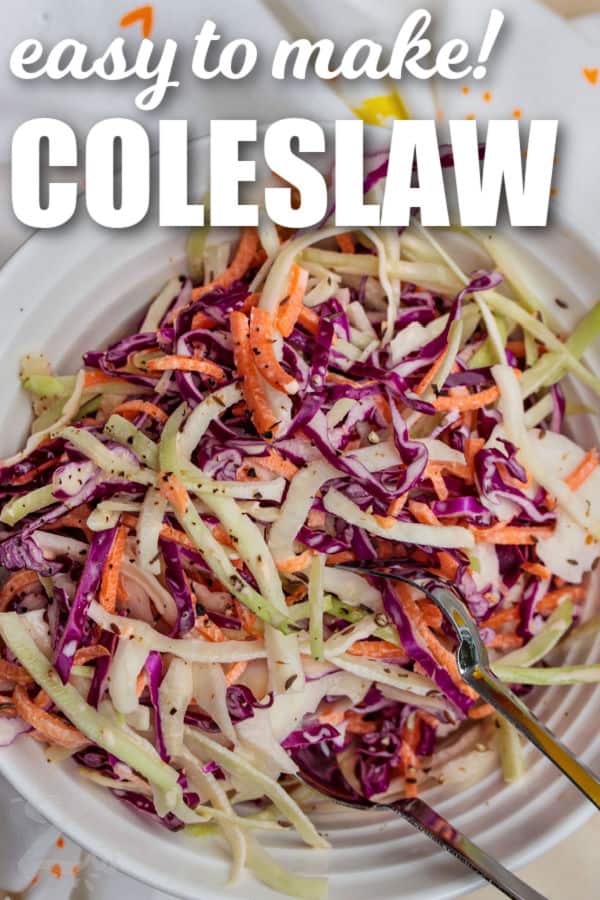 creamy coleslaw in a white bowl with silver tongs, with a title