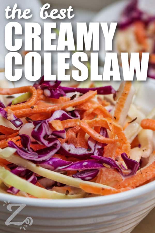 a small serving bowl of creamy coleslaw, with a title