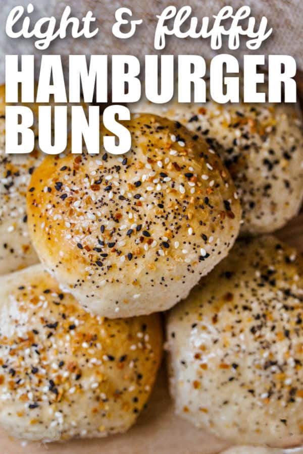 Homemade Hamburger Buns with everything seasoning and a title