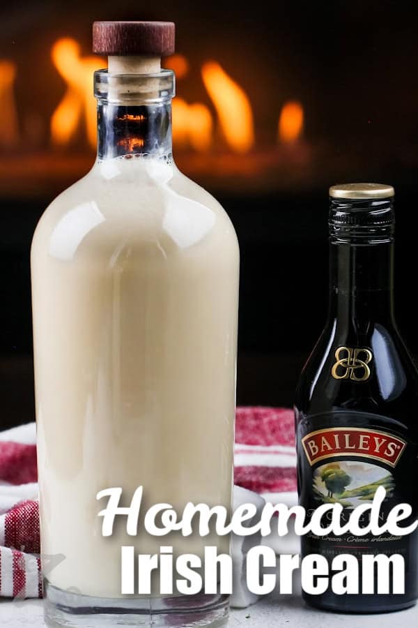 A bottle of homemade Irish cream with text