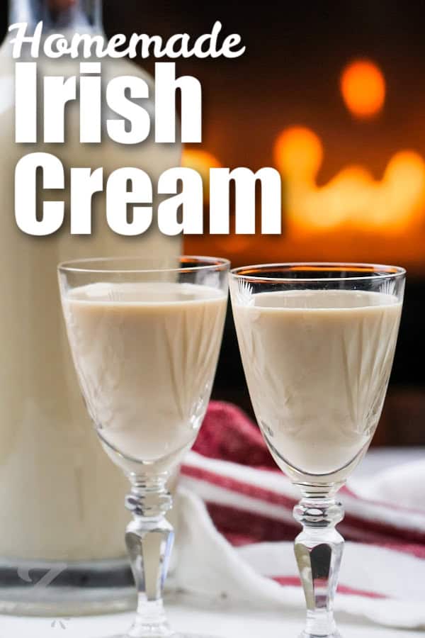 Two glasses of homemade Irish cream with text
