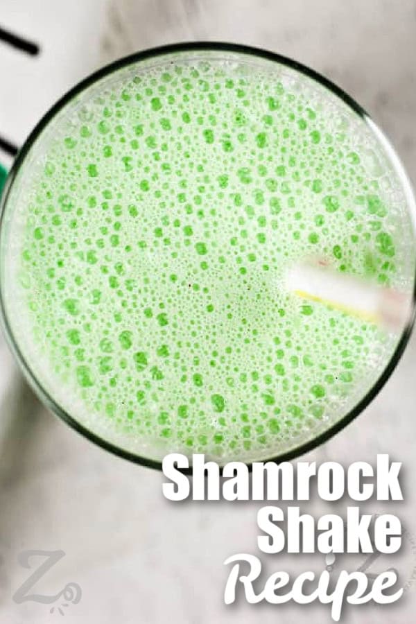 A shamrock shake recipe in a glass with a title