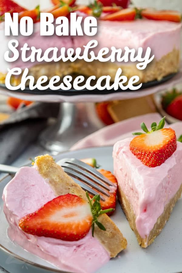 two slices of no bake strawberry cheesecake with a title