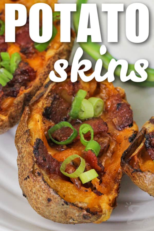 close up of Potato Skins with bacon and a title
