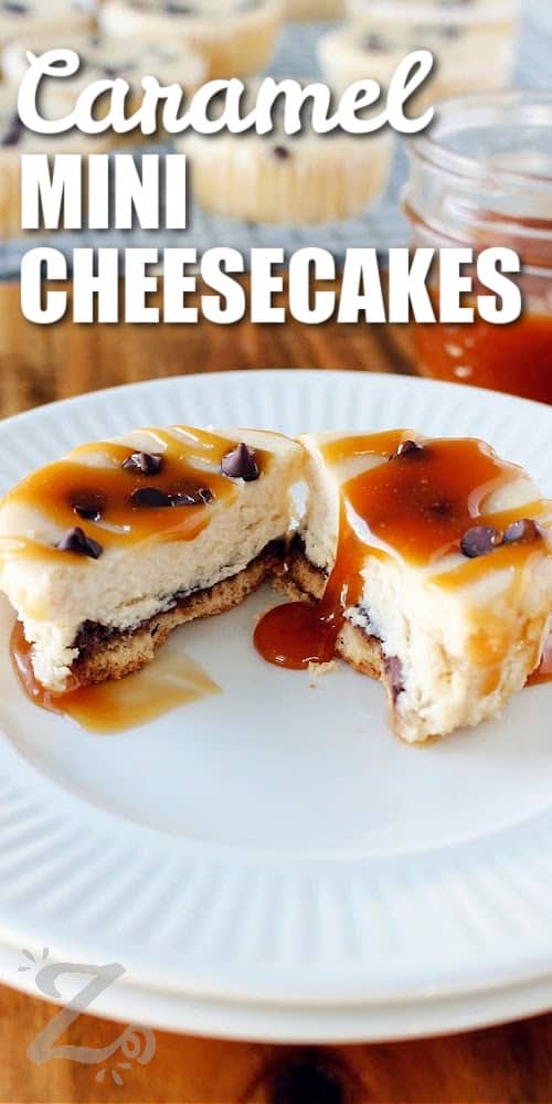 one of the caramel mini cheesecakes sliced in half on a white plate, with a title