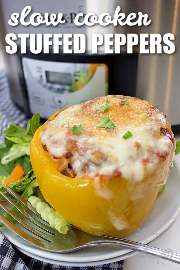 a slow cooker stuffed pepper on a white plate with a Crock pot in the background, with a title