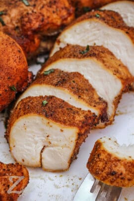 close up of Smoked Chicken Breasts cut into slices