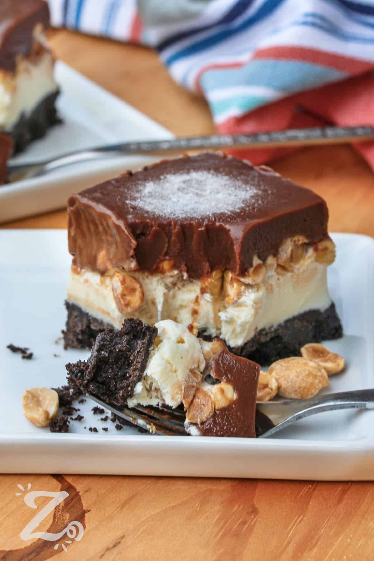 Buster Bar Ice Cream Cake on a plate and on a fork