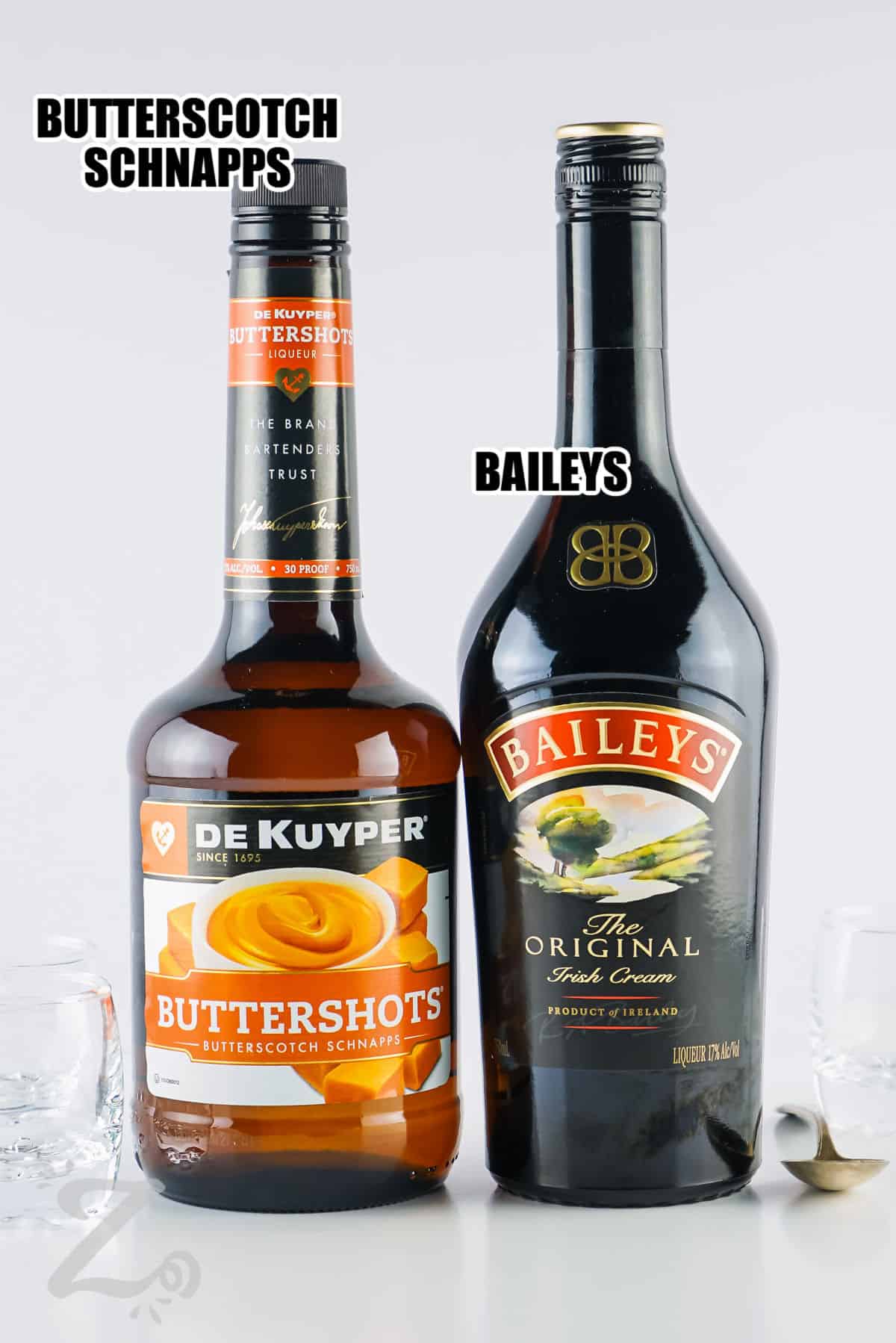 butterscotch schnapps and baileys with labels to make a Buttery Nipple Shot