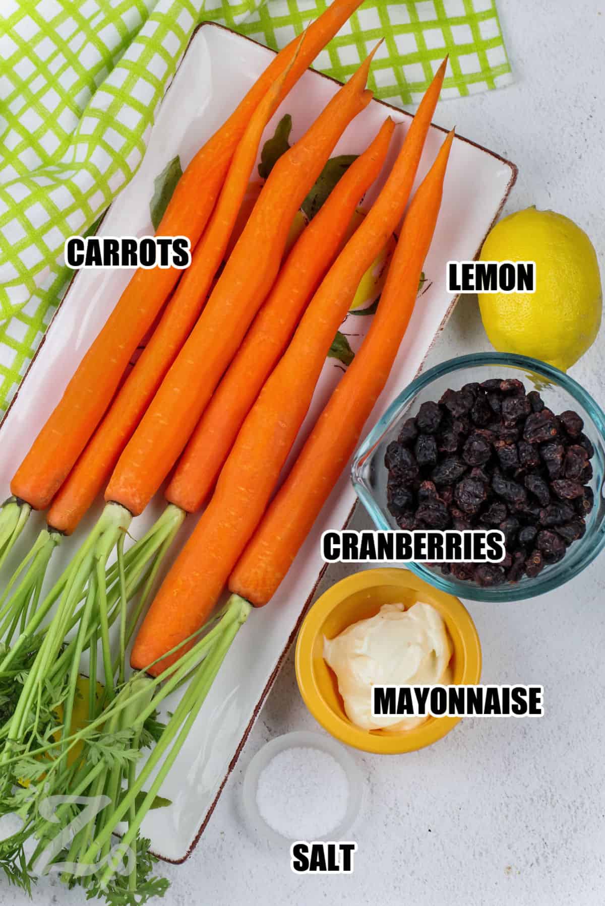 carrots , lemon , cranberries , mayonnaise , salt with labels to make Carrot Salad