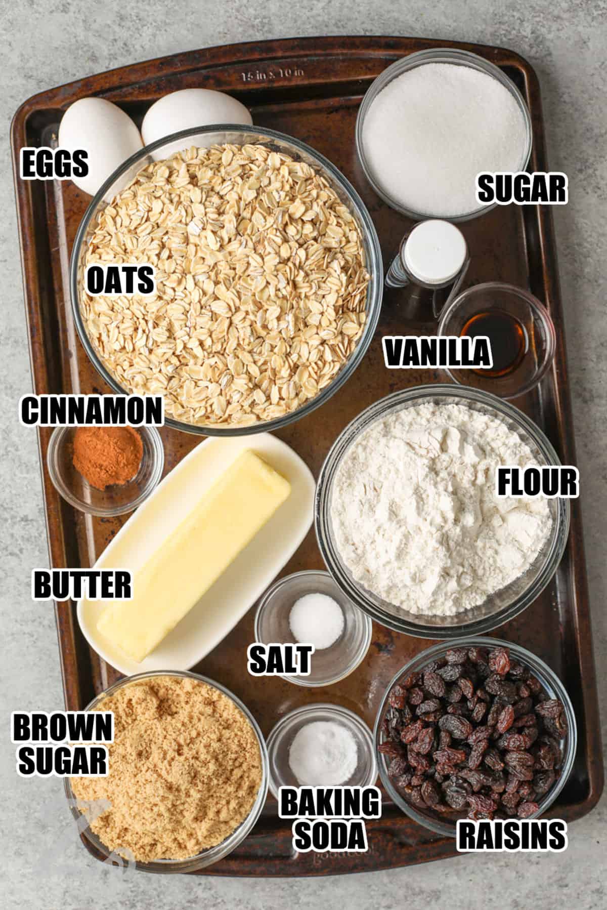 eggs, oats , sugar , vanilla , flour , cinnamon , butter , salt , brown sugar , baking soda and raisins with labels to make Oatmeal Raisin Cookies