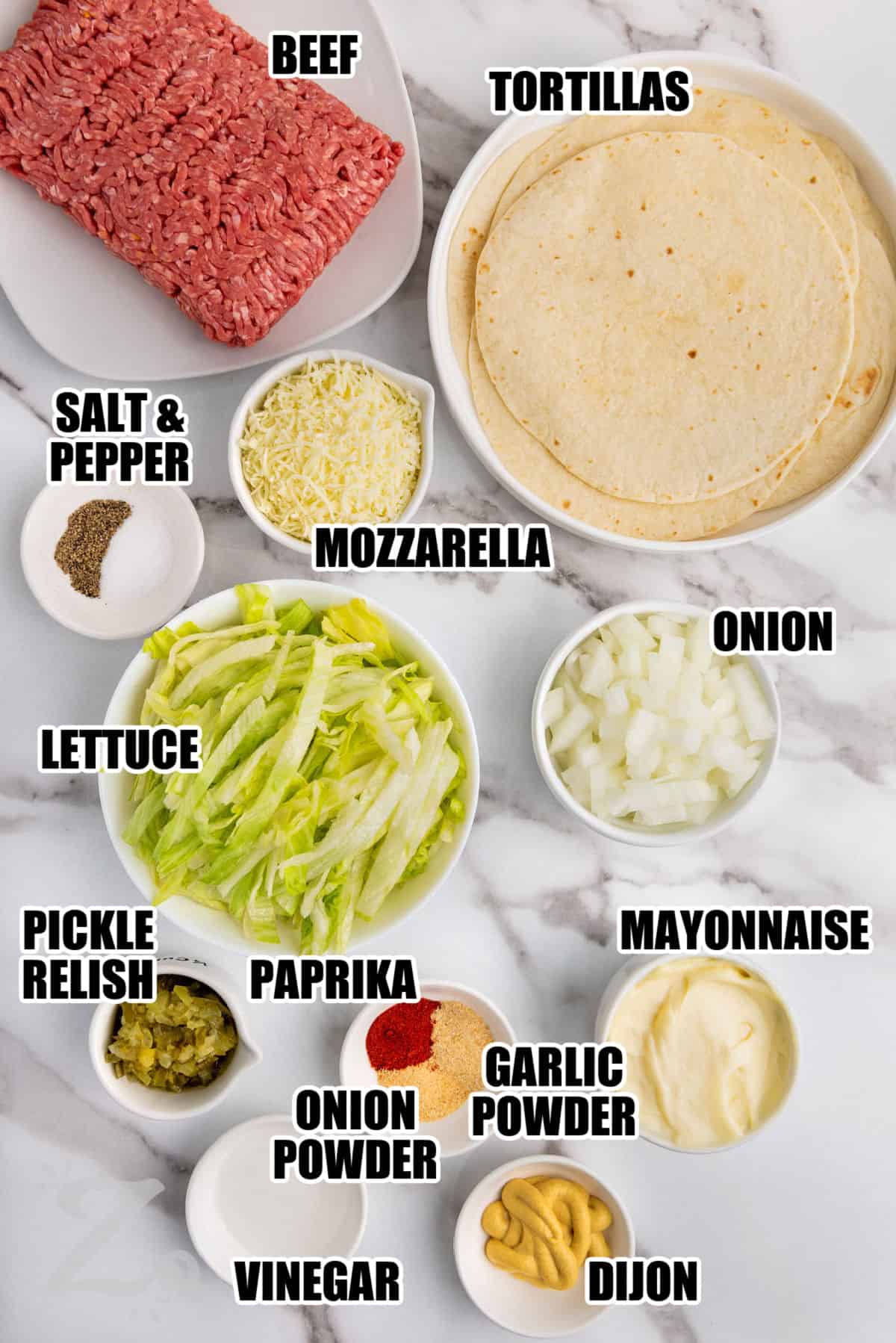 beef, tortillas , mozzarella , onion , lettuce , pickle relish , paprika garlic powder , onion powder , vinegar , dijon , mayonnaise ,salt and pepper with labels to make Smash Burger Tacos