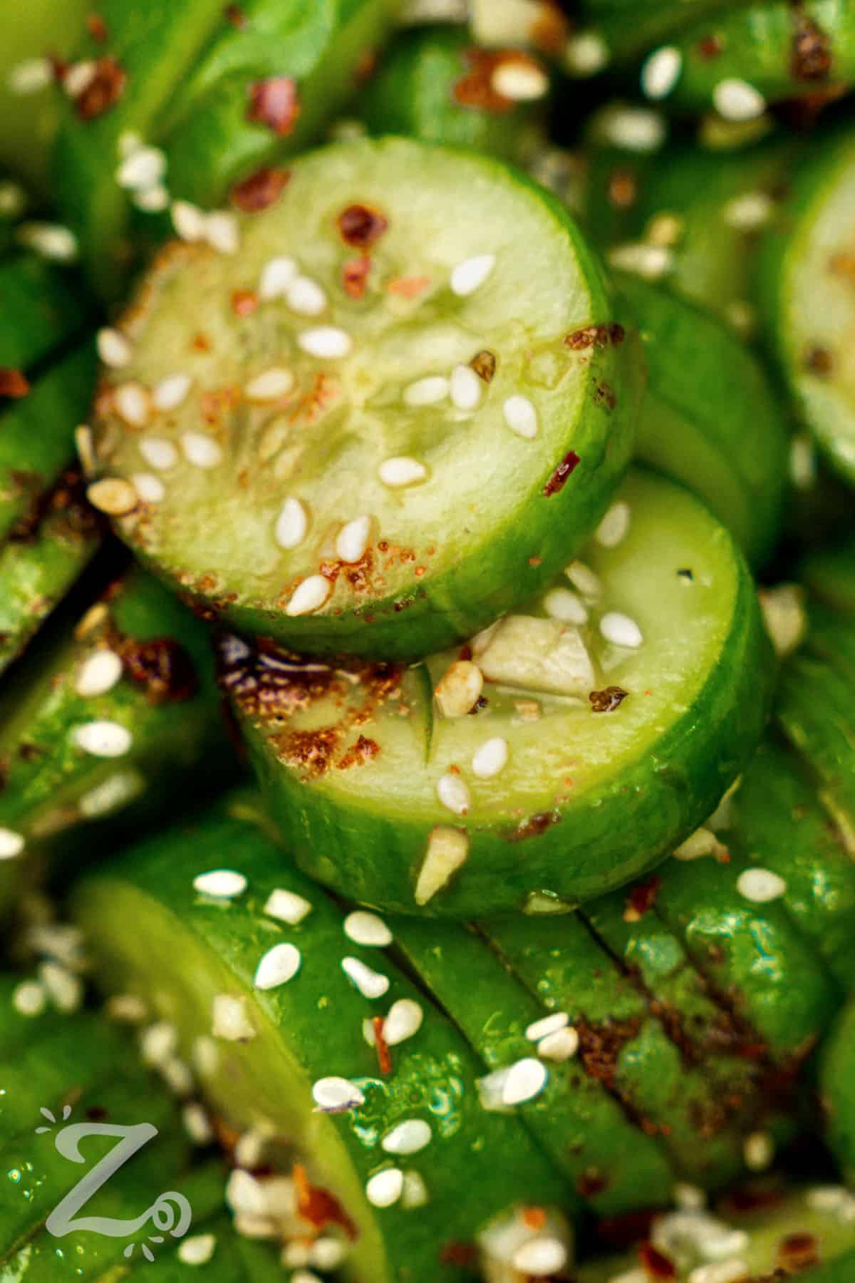 Korean Cucumber Salad with seasoning and sesame seeds