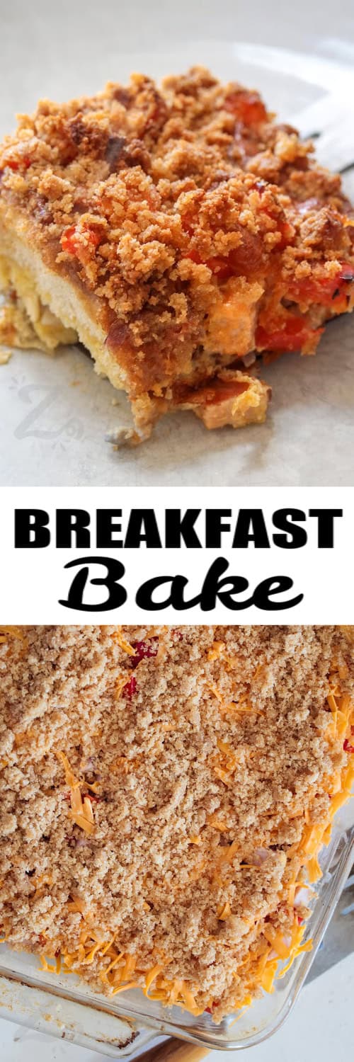 Top image - a slcie of breakfast bake on a plate. bottom image - breakfast bake prepped in a casserole dish with text