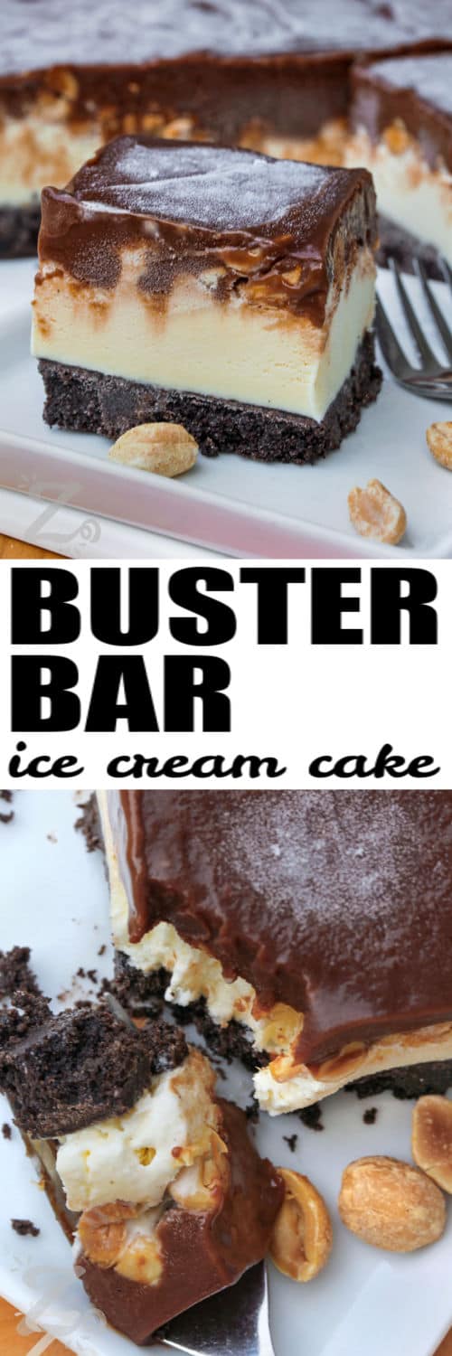 slice of Buster Bar Ice Cream Cake on a plate and a bite on a fork with a title