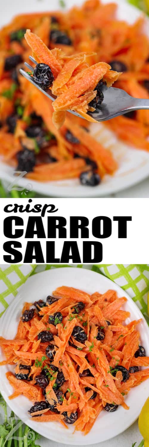 Carrot Salad on a plate and on a fork with a title