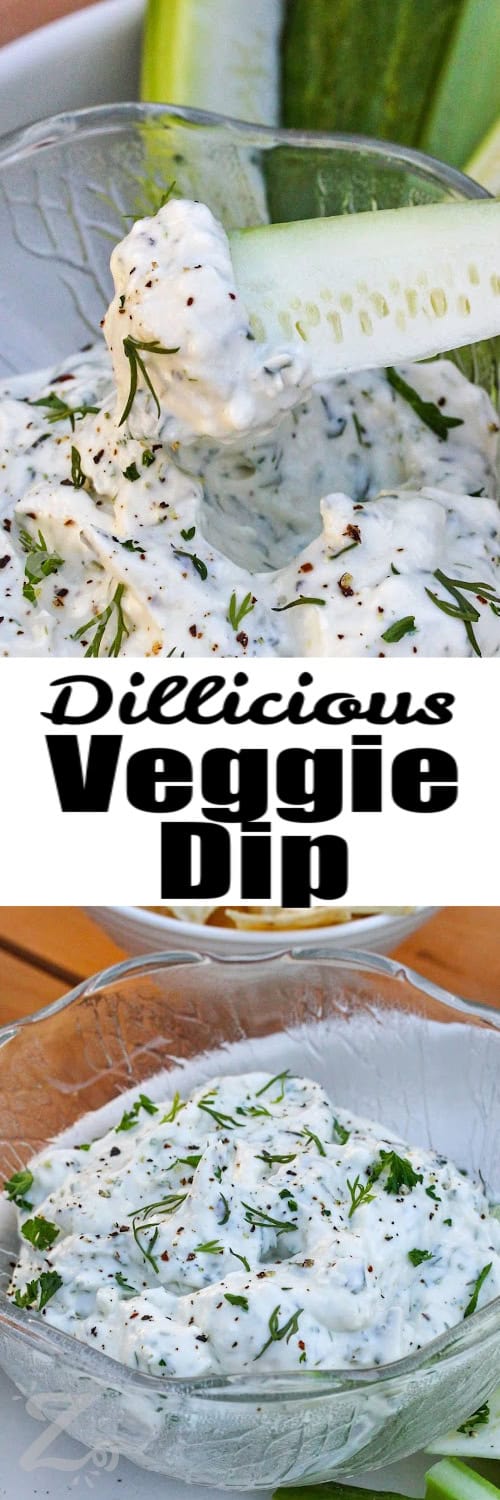 Dillionaire Veggie Dip in the bowl and on a cucumber piece with a title