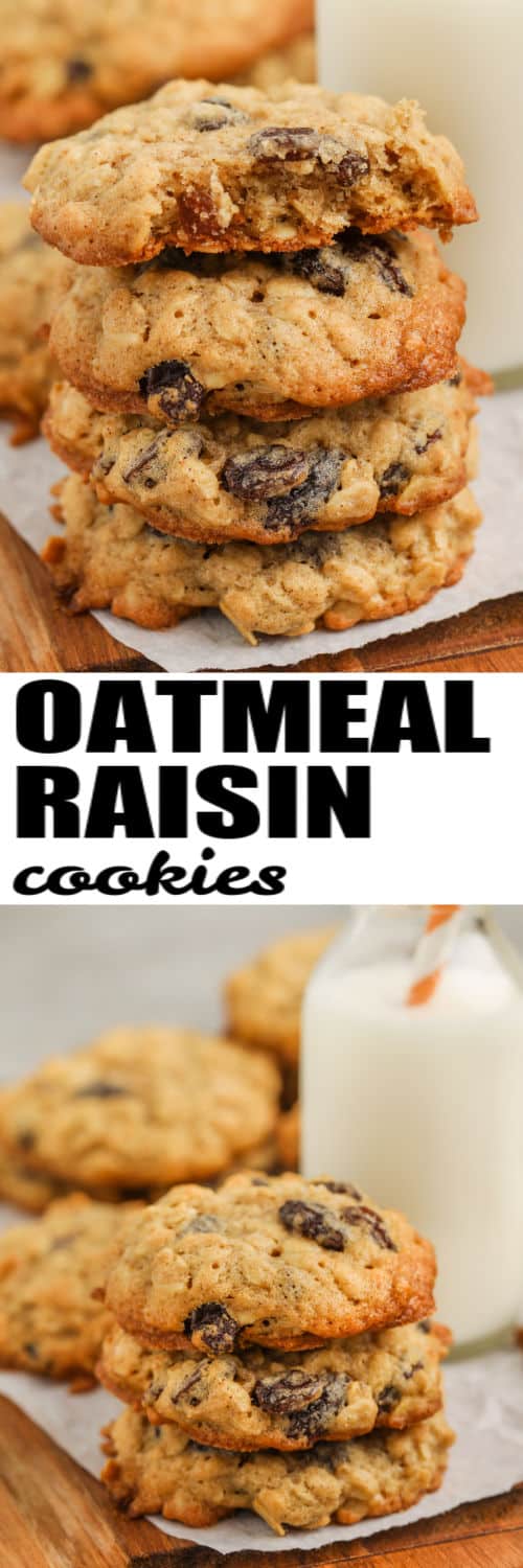 stak of Oatmeal Raisin Cookies and close up photo with a bite taken out with a title