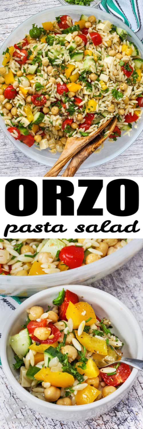 Orzo Pasta Salad in a bowl and plated with a title