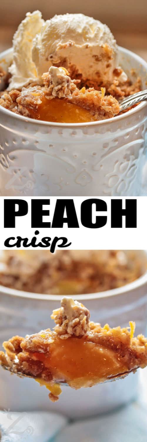 Peach Crisp in a dish and on a spoon with a title